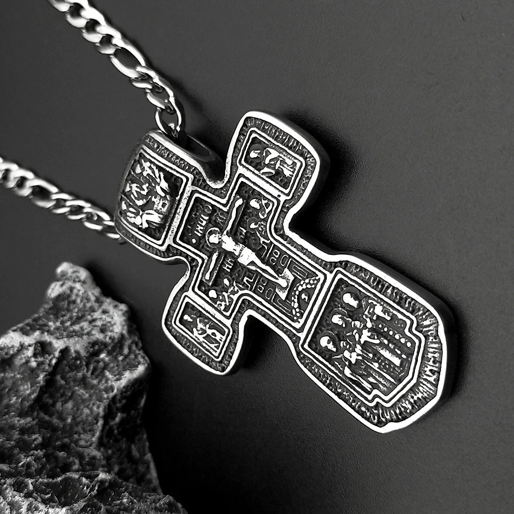 Jesus Crucifix Cross Orthodox Necklace for Women Men Stainless Steel Christian Believer Chain Necklace Vintage Charm