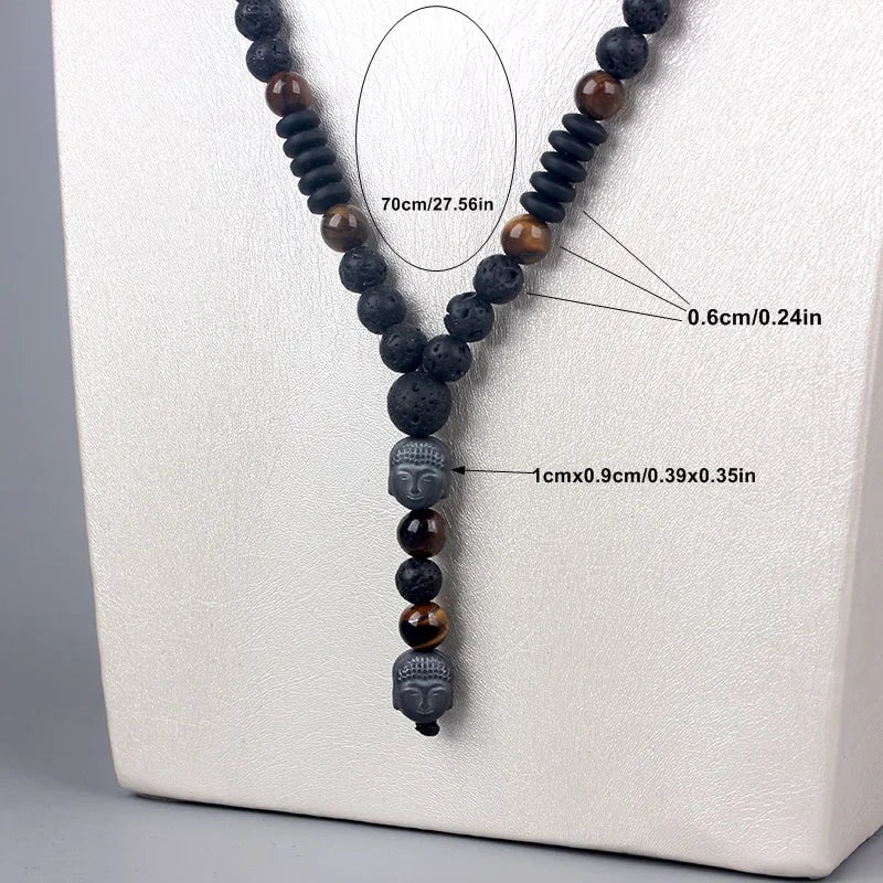 6mm Lava Stone Tiger-eye Beaded Necklace for Men and Women with Buddha Head Pendant