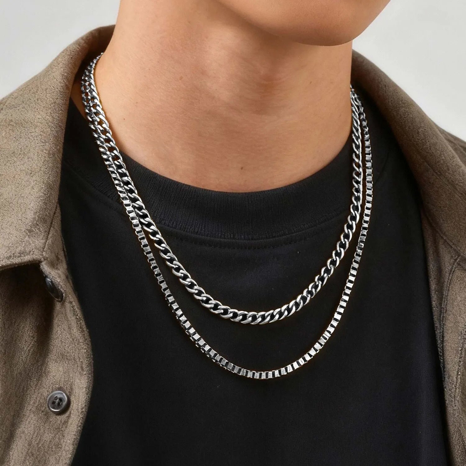 Two-Tone Cuban Box Rope Chain Necklace Set