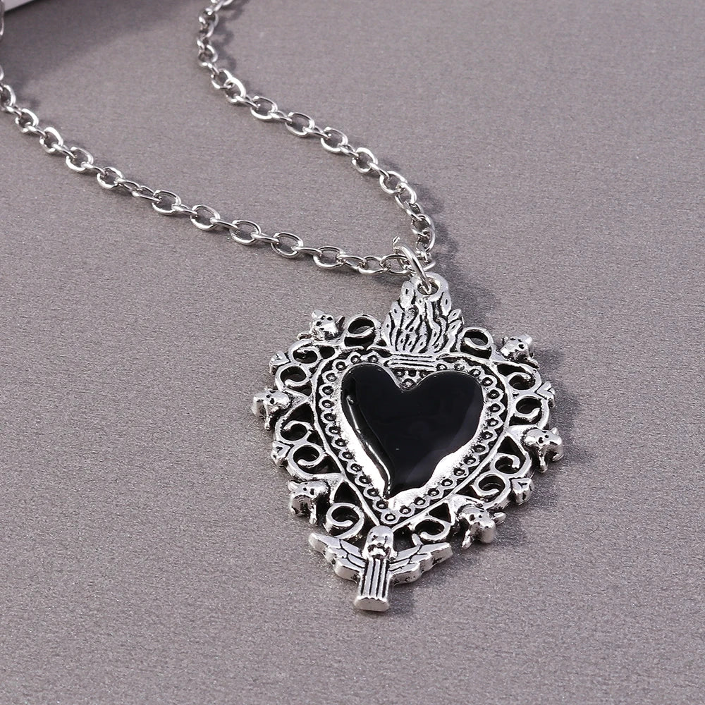 Gothic Skull Love Heart Necklace for Women Men Religious Crucifix Necklaces Punk Jewelry Gifts