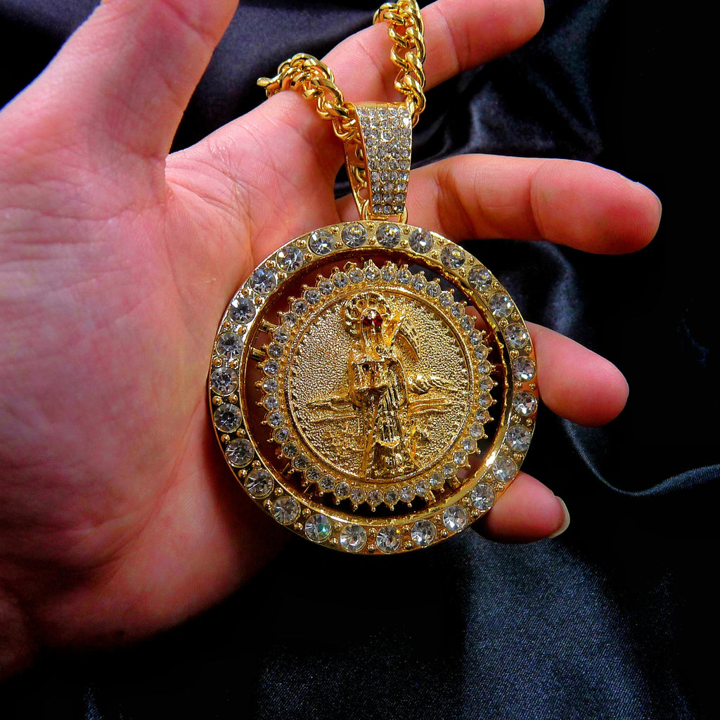 1 piece men's fashionable hip hop Santa Muerte set with sparkling rhinestones rotatable pendant decorative necklace