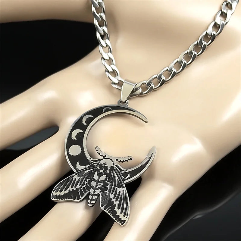 Wicca Moon Moth Pendant — Stainless Steel