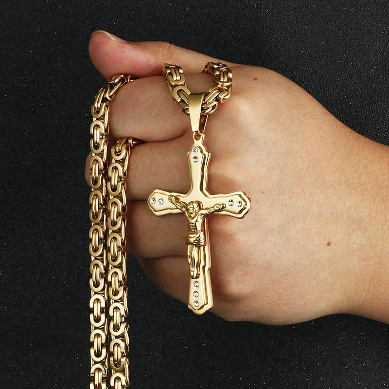 Ancient Crystal Jesus Christ Crucifix Necklace — Stainless Steel