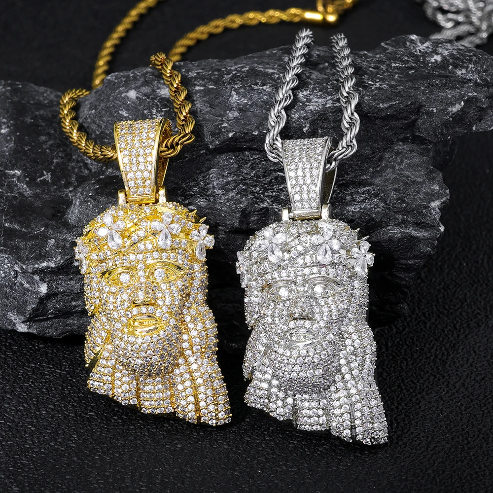 NUOYA Luxury Jewelry Iced Out Diamond Jesus Head Pendant 18K Gold Plated Micro Pave Zircon Hip Hop Pendant Jewelry Gift for Men