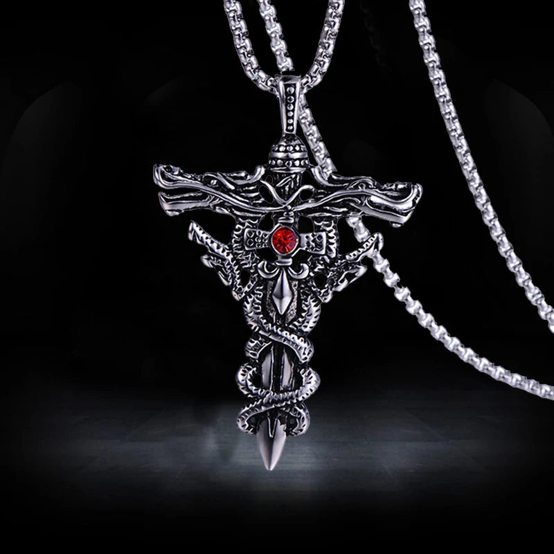 Silver Cross Pendant Necklace Vintage Red Stone