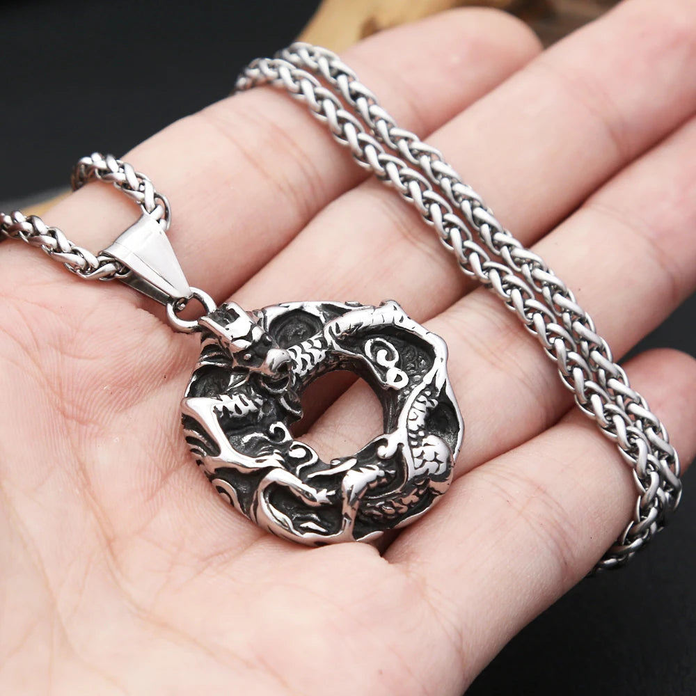 Gothic Cool Black Vikings Dragon Pendant Necklaces For Men Stainless Steel Nordic Animal Necklace Motorcycle Jewelry