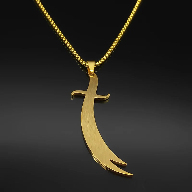 Islamic Imam Ali Zulfiqar Sword Pendant Necklace for Women Men Stainless Steel Gold Color Muslim Male Chain Jewelry