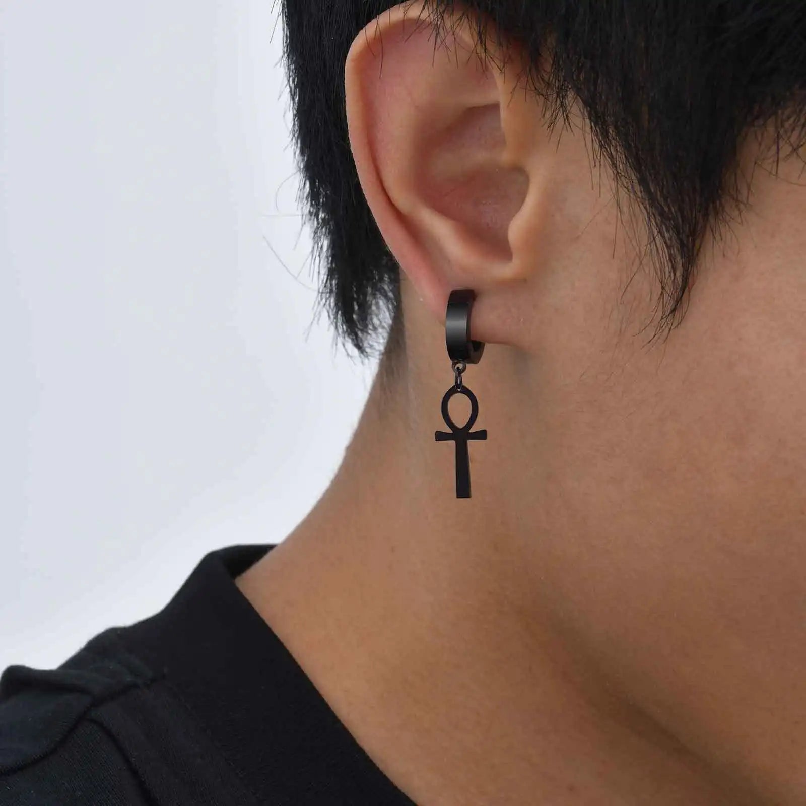 Ankh Cross Huggie Hoop Earrings — Stainless Steel