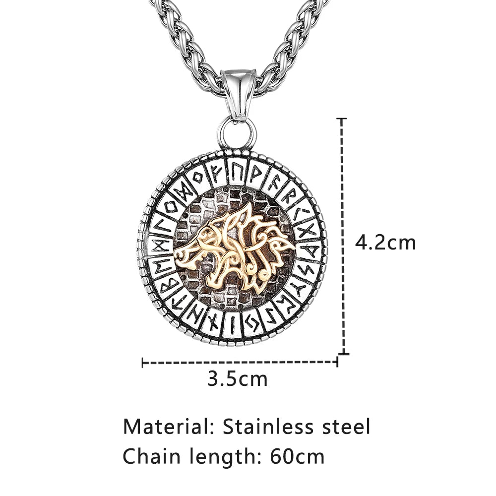 Viking Norse Mythology Odin Wolf Necklaces Men Gold Color Fenrir Rune Pendant Talisman Stainless Steel Male