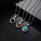 Classic Fashion Round Natural Agate Tiger Eye Stone Necklace for Men, Stainless Steel Irregular Pendant Necklace, Punk Jewelry