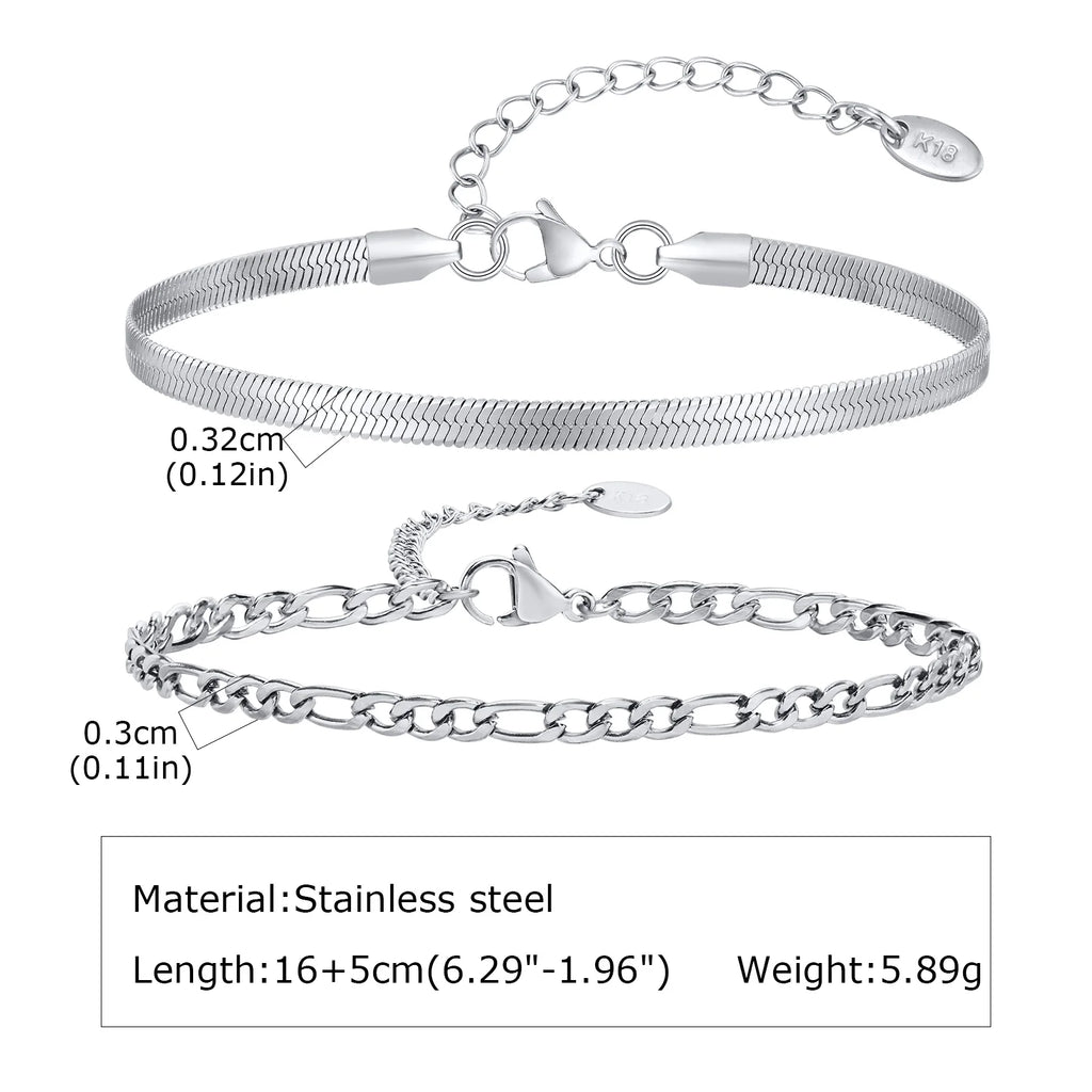 Figaro Rope Chain Bracelet Set Silver — Stainless Steel