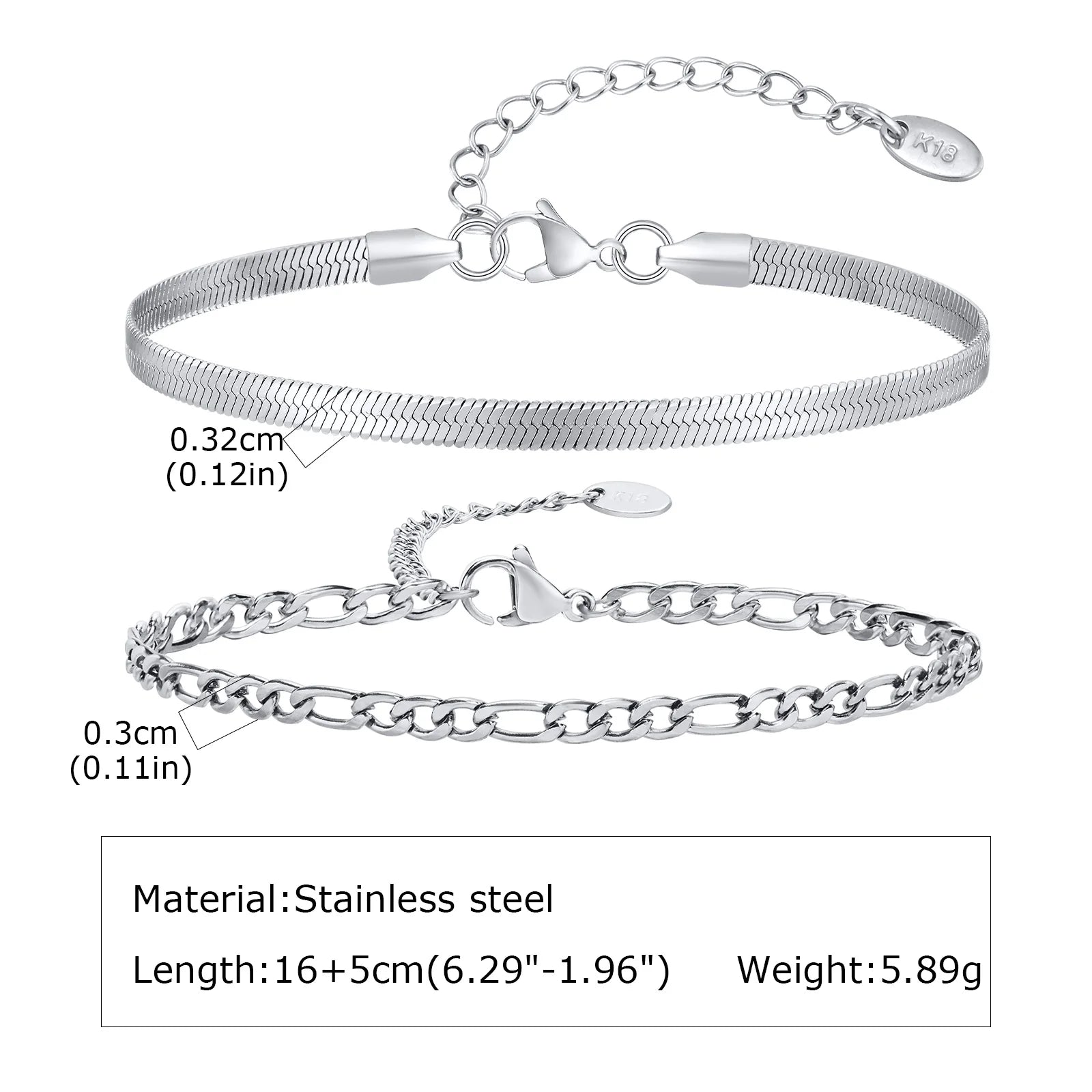 Figaro Rope Chain Bracelet Set Silver — Stainless Steel
