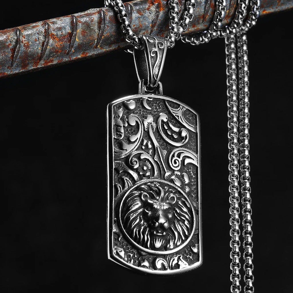 Vintage Lion Head Dog Tag Necklace — Stainless Steel