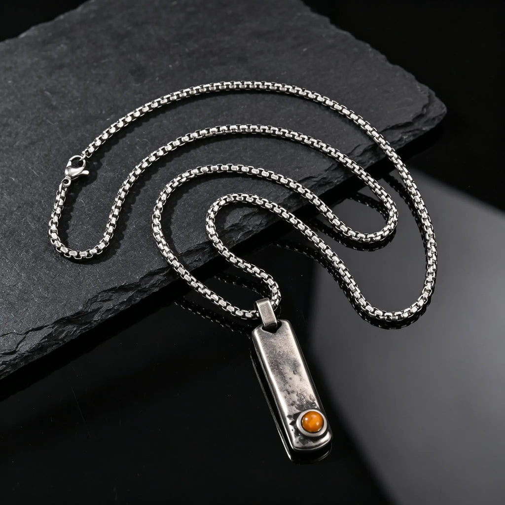 Vintage Men's Natural Stone Rectangle Pendant Necklace,Grey Stainless Steel Thin Bar Necklace,Birthday Party Jewelry