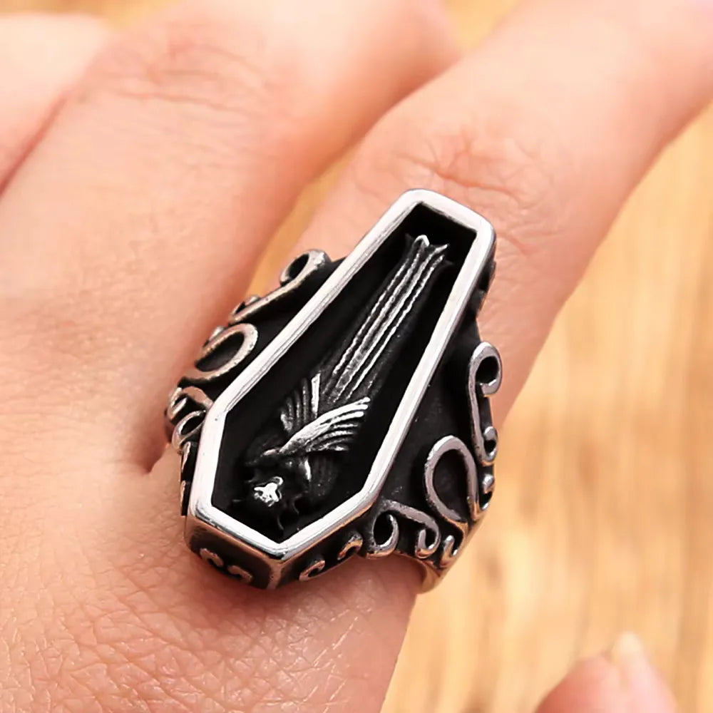 Gothic Coffin Skull Stainless Steel Ring Biker Punk Retro Street Fashion Wear Accessories Party Jewelry Gifts For Men