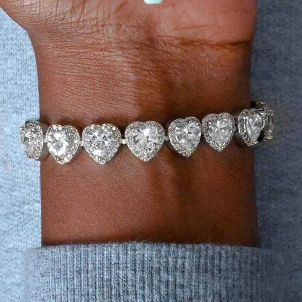 Hip Hop Full Crystal Heart Tennis Chain Bracelets for Men Women Bling Square Rhinestone Cuban Link Chain Bracelet Luxury Jewelry