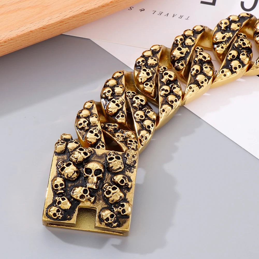 Punk Rock Man Bracelet Stainless Steel Wide Skull Head Link Chain Bracelets for Men Gothic Men's Bikers' Jewelry