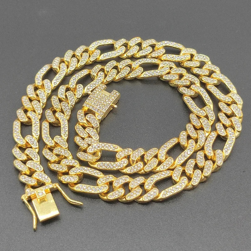 3:1 Figaro Link Chain Choker Necklace For Men Women 2tone Gold Silver Color Iced Out Rhinestones Miami Cuban Hip Hop