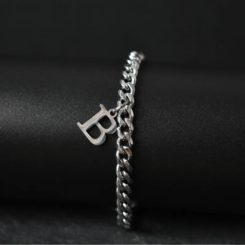 A-Z Initial Letter Cuban Chain Bracelet — Stainless Steel
