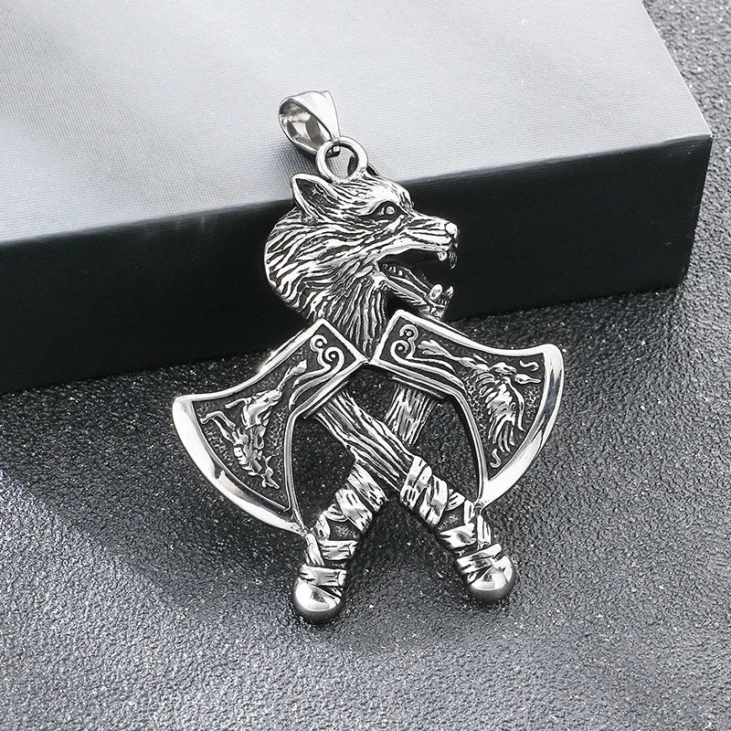 Stainless Steel Viking Axe Pendant Necklace for Men Vintage Norse Double Axe Wolf Head Amulet Necklaces Punk Gothic