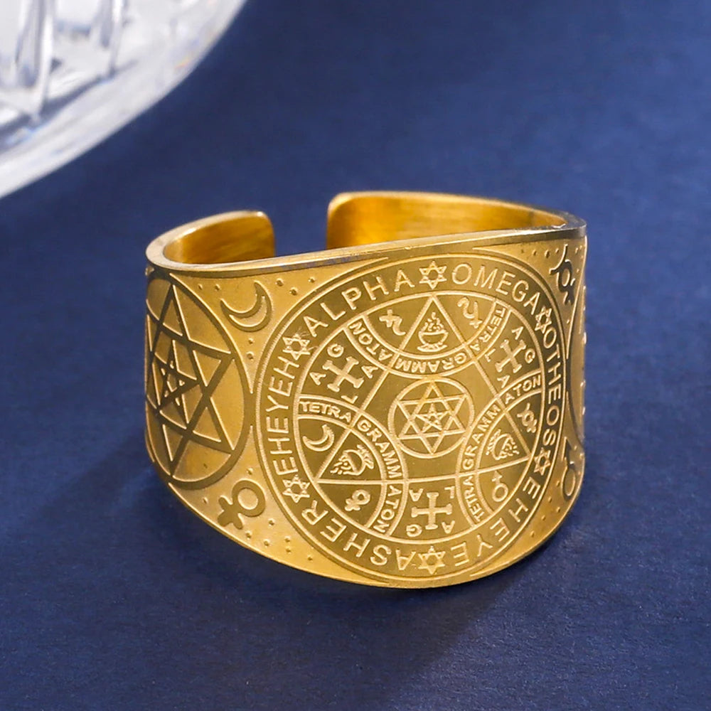 LIKGREAT Amulet Protection Ring Tetragrammaton Pentagram Finger Rings for Men Women Stainless Steel Jewely Witchcraft Pagan Gift
