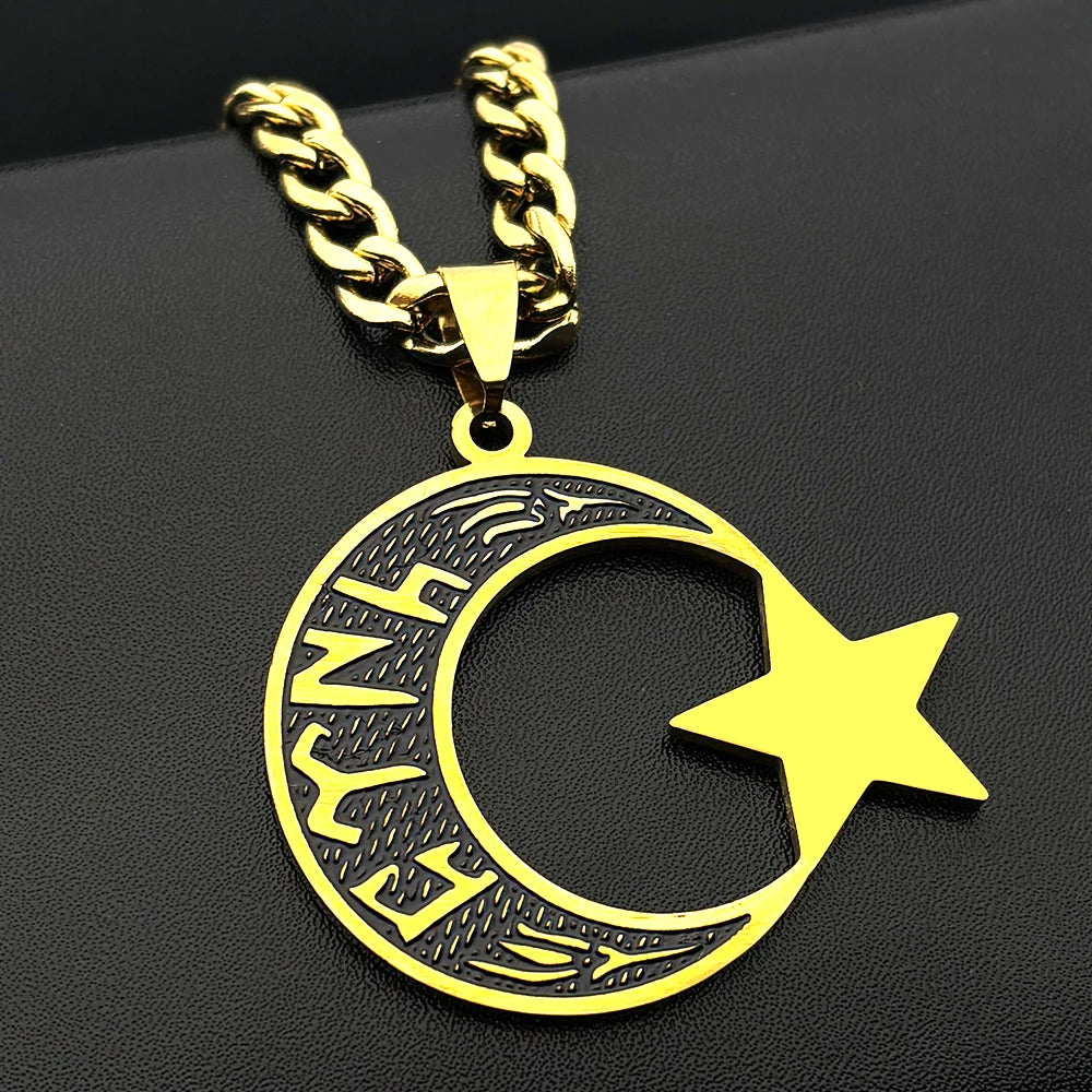 Muslim Islam Black Enamel Moon Star Stainless Steel Pendant Necklace for Women Men Gold Color Hebrew Hip Hop Chain Jewelry Gift