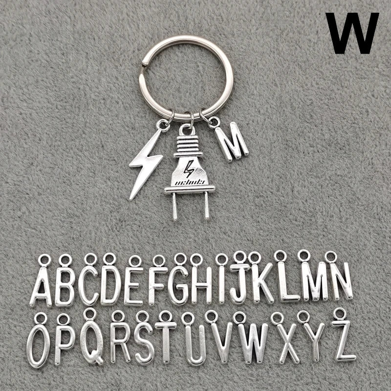 Fashion A-Z Letter Charm Lightning Bolt Plug Electrician Keychain for Electrical Worker Bag Car Keyring Gifts