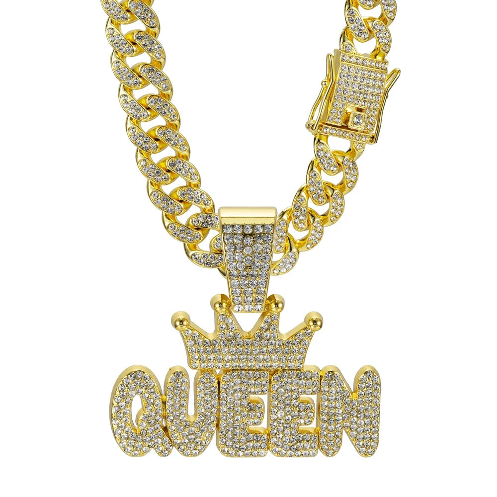 Men's Hip Hop Crown with QUEEN Letter Pendant Necklace For Women Crystal Cuban Chain Iced Out Bling Necklaces Rock