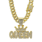 Men's Hip Hop Crown with QUEEN Letter Pendant Necklace For Women Crystal Cuban Chain Iced Out Bling Necklaces Rock