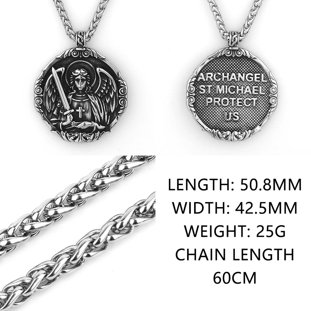 St. Michael Archangel Cross Protection American Pendant Men's Women's Vintage Charm Pendant Necklace Stainless Steel Jewelry