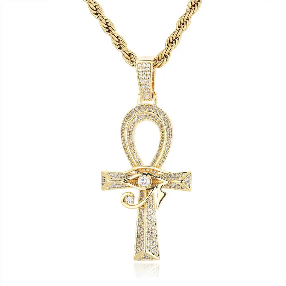 Gold Cross Ankh Pendant Necklace Iced Out 18K