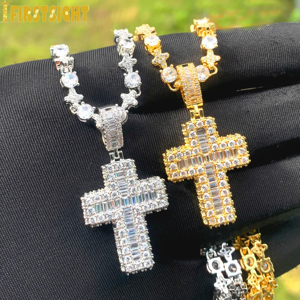 New Cross Pendant Tennis Star Link Chain Necklace for Men Women Iced Out Silver Color Cubic Zirconia Charm Hip Hop Jewelry