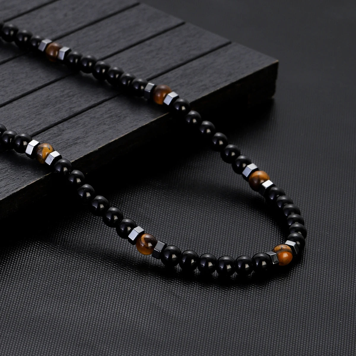 Obsidian Tiger Eye Minimalist Choker Necklace — Black-Tone, 6mm