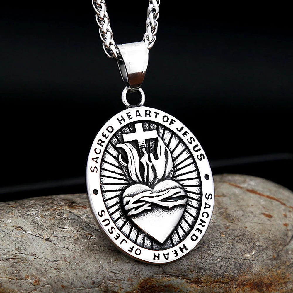 Men's Heart of Jesus Pendant Necklace For Men Women 316L Stainless Steel Religious Cross Amulet Jewelry Gifts Fashion