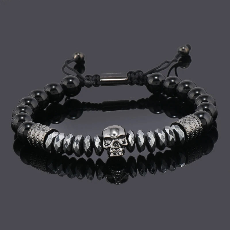 Luxury Black Natural Stone Beads Skull Crown Leopard Head Charms Man Bracelet For Women Hand Jewelry Gift