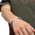 Viking Odin’s Ravens Head Bracelet Stainless Steel Twisted Open Cuff Norse Mythology Amulet Wristband for Men with wood box