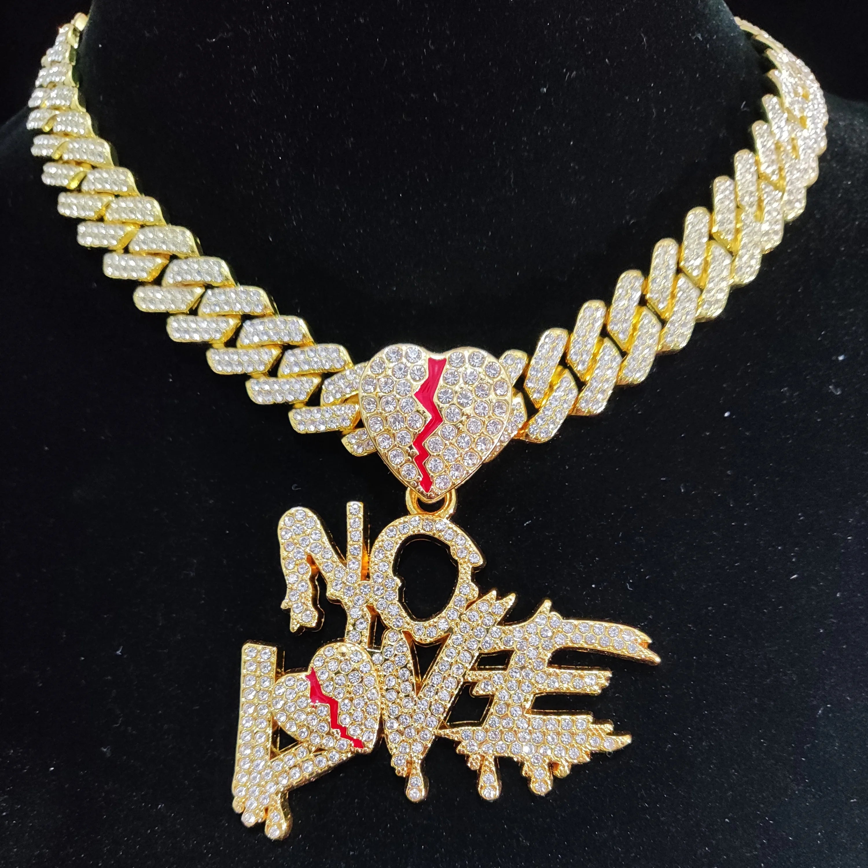 Men Women Hip Hop No Love Heart Pendant Necklace with 14mm Cuban Chain HipHop Iced Out Bling Hiphop Necklaces Fashion