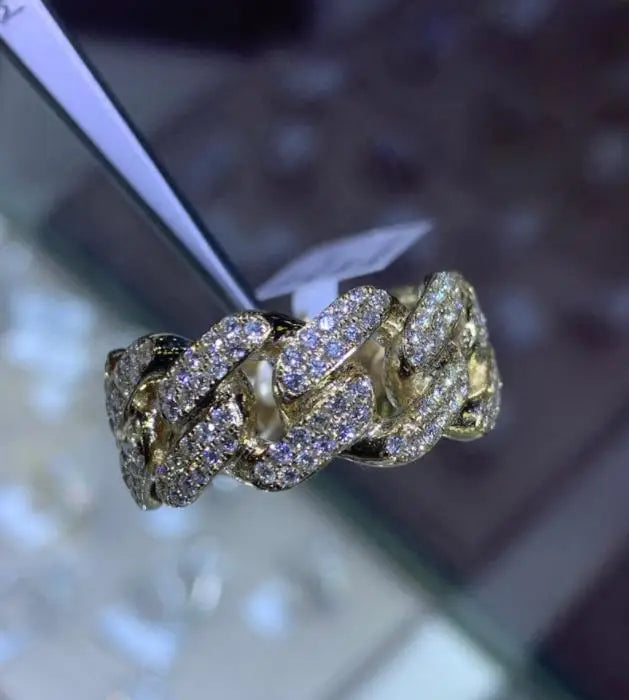Milangirl Fashion Hip Hop Rock Rings Bling Iced Out Cuban Link Chain Micro Pave CZ Crystal Ring For Women And Man