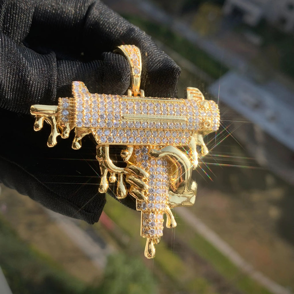 Hip Hop 5A+ CZ Stone Paved Bling Iced Out Gun In Hand Pendants Necklaces for Men Rapper Jewelry Gold Silver Color