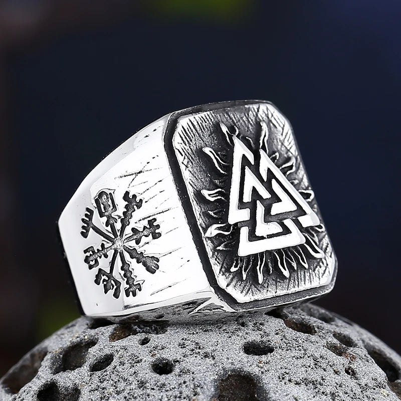 Viking Mens Stainless Steel Amulet Ring With Compass Triangle Odin Vegvisir Rings Nordic Talisman Biker Jewelry Gift for Men