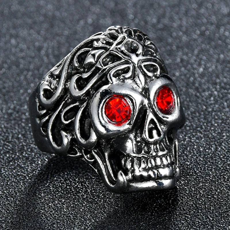 Santa Muerte Sugar Skull Red Eyes Ring for Men — Silver-Tone