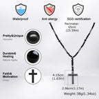 Retro Natural Stone Black Hematite Beaded Necklace Cross Pendant Beads Chain Long Necklace for Men Stylish Religious Jewelry