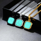 Fashion High Quality Natural Stone Square Pendant Stainless Steel Long Chain Necklace Trendy Simple Popular Jewelry for Men Gift