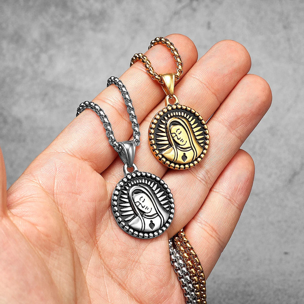 Virgin Mary Pendant Necklace Stainless Steel Vintage