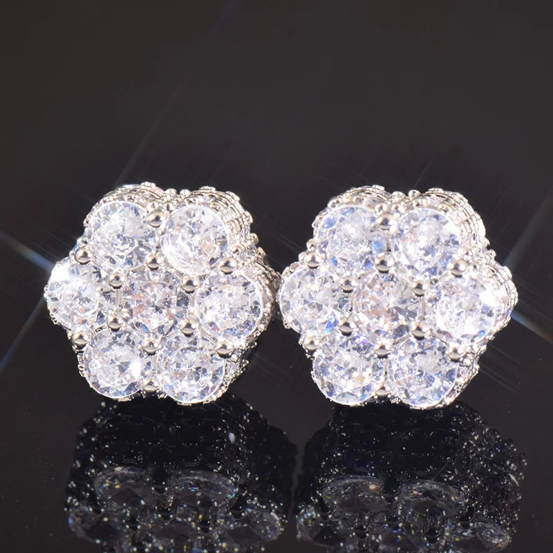 Hip Hop Claw Setting 5A+ Cubic Zirconia Bling Ice Out Stud Earring Male Flower CZ Earrings for Men Rapper Jewelry Gold