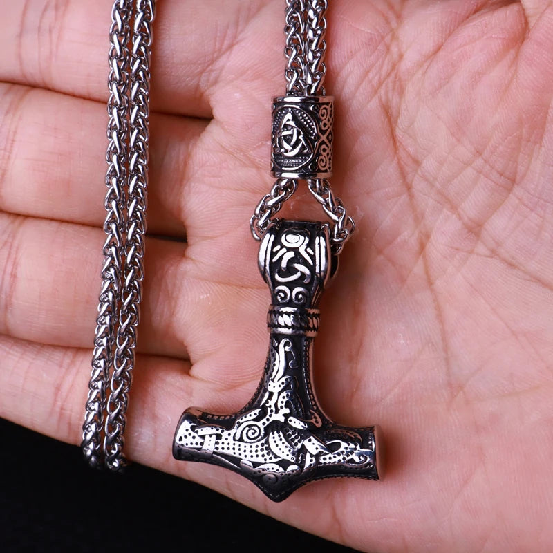 Multi Style Beaded Viking Thor's Hammer Pendant Necklace Stainless Steel Necklace Men Biker Mjolnir Amulet Jewelry