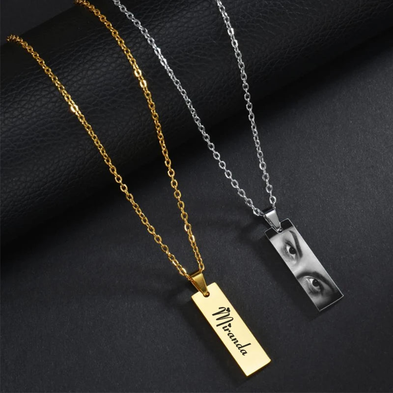 Letdiffery Custom Engraved Eyes Necklaces for Women Men Stainless Sreel Laser Carve Photo Names Square Pendant Jewelry