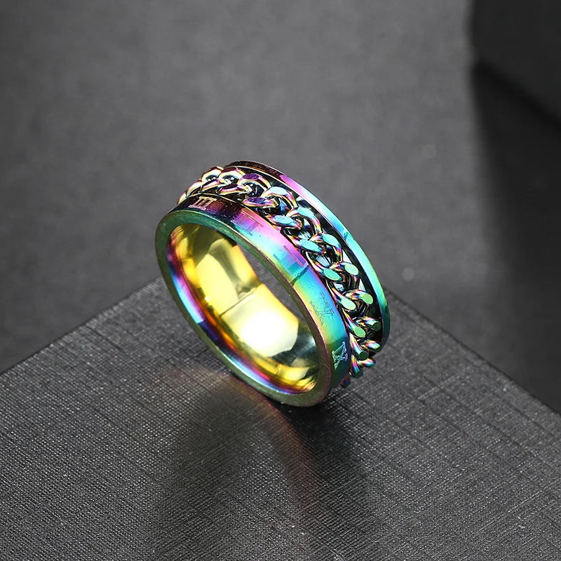 Anxiety Fidget Rings For Men Spining Titanium Stainless Steel Colorfully Spinner Rotatable Chain Jewelry Rotating Rings
