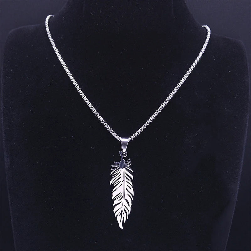 Men's Stainless Steel Feather Pendant Necklace Trendy Fashion Hip Hop Punk Jewelry Accessories Gift For Best Friend