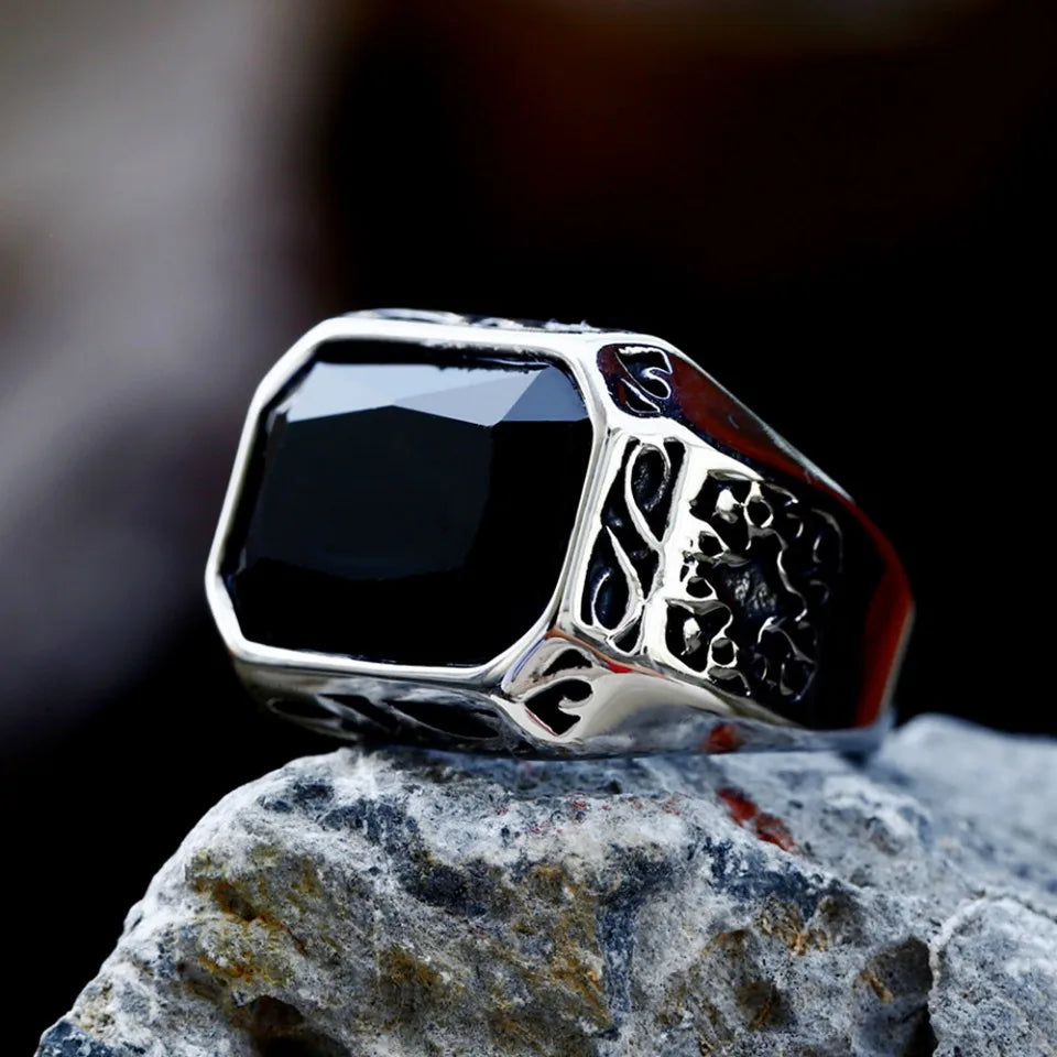 Punk Vintage Rectangle Shape Rings With Black Stone Stainless Steel Cool Fashion Carved Ring For Men Women Amulet Jewelry Gifts